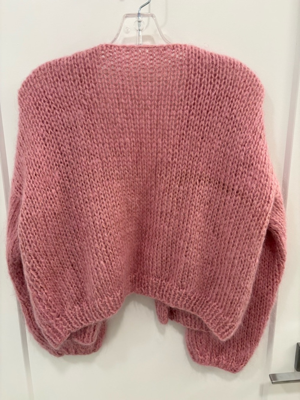 Pink Wool Hand Knit Oversized Balloon Sleeve Cardigan Sweater - Picture 10 of 12